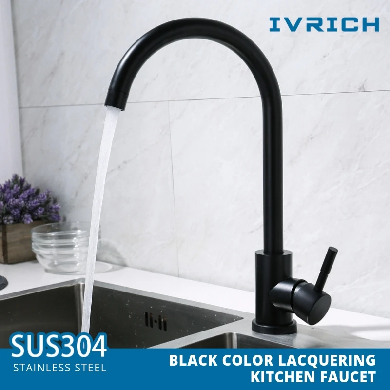 IVRICH Lacquer Black Kitchen Faucet Ceramic Valve SUS304 Stainless Steel Hot Cold Sink Tap Anti-Corrosion Vr8410