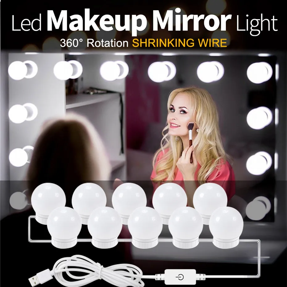 Makeup Mirror Vanity LED Light 2/6/10/14 Bulbs USB Charging Port Cosmetic Make up Mirrors Adjustable Brightness Lights | Лампы и