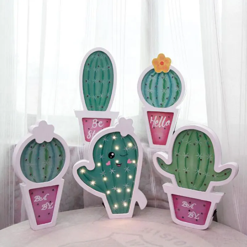 

Lovely Green Plant Led Night Light Cactus Potted Plant Home Furniture Table Lamp Baby Bedroom Bedside Battery Wood Led Lamp