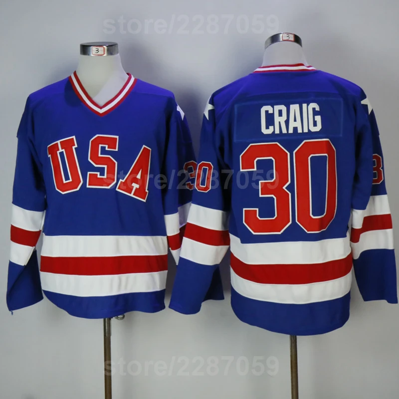 

Ediwallen 1980 USA 30 Jim Craig Ice Hockey Jerseys Blue White Color Embroidery Jim Craig Jersey Breathable Wholesale And Retail