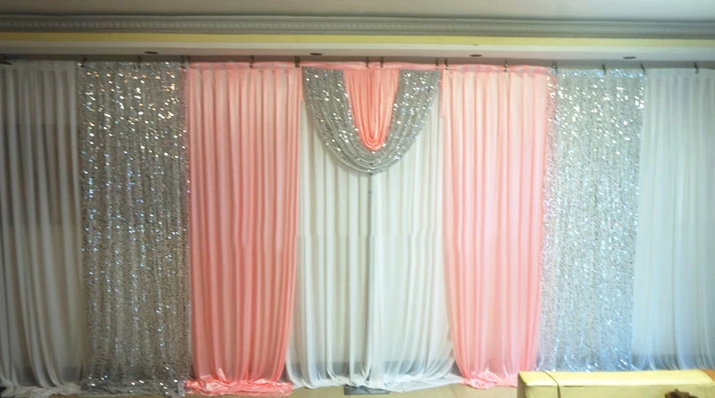 

3*6m (10ft*20ft) Pink backdrop church Stage Curtain with Sequins Backdrops with Swags Ice Silk Wedding Party Stage Decoration