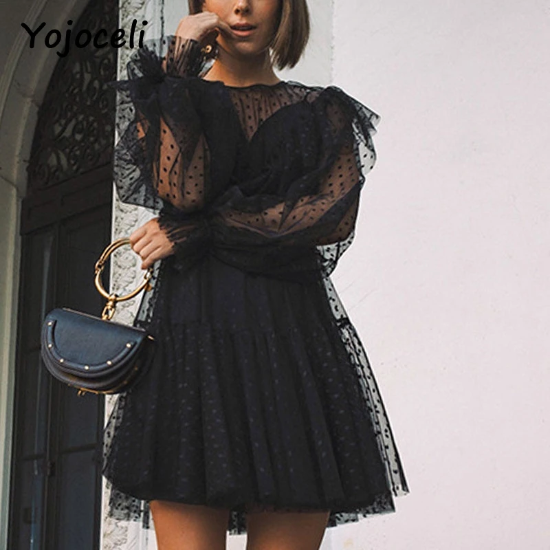Yojoceli sexy party club black mesh lace dress women dot ruffled two pieces set dress 2018 female vestidos Yojoceli sexy party club black mesh lace dress women dot ruffled two pieces set dress 2018 female vestidos