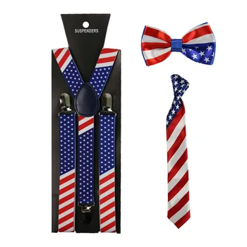 

Winfox Fashion America Flag Pattern Suspender For Women Men Star Braces Bowtie Necktie Set