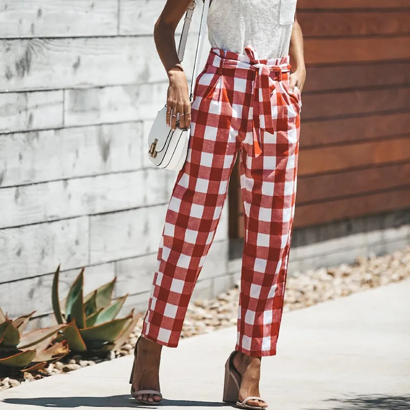 ilstile 2018 Women Plaids Checks Casual Striped Pants Autumn Fashion