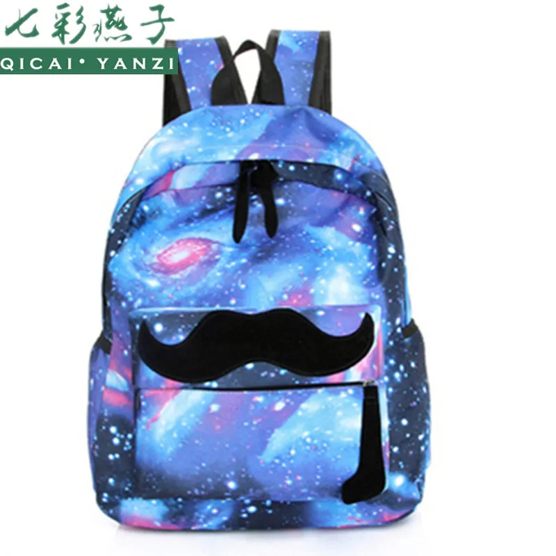 QICAI YANZI Women Moustache Stars Universe Space Printing Canvas Knapsack Girls School Book font b Laptop