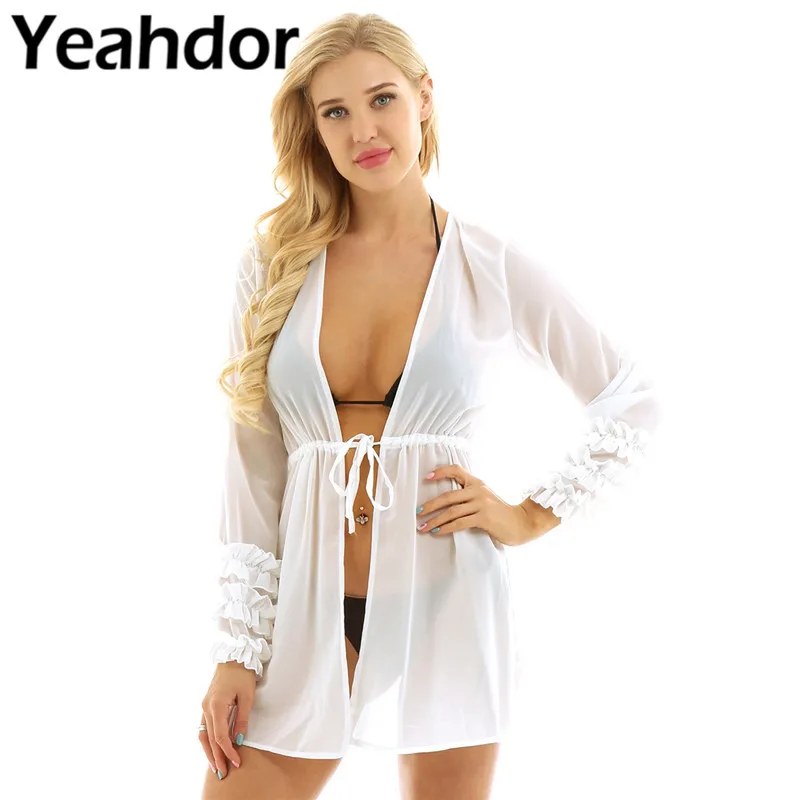 

Sexy Womens Deep-V Neck Long Ruched Sleeves Chiffon Summer Beach Wear Cover Ups Swimsuit Cover Ups Swim Bikini Underwear Wrap