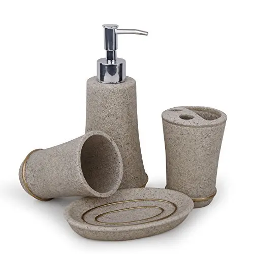

4Pcs Bathroom Accessory Set Toilet Requisites Soap Dish Liquid Dispenser Toothbrush Holder Tumbler Beige-Gray