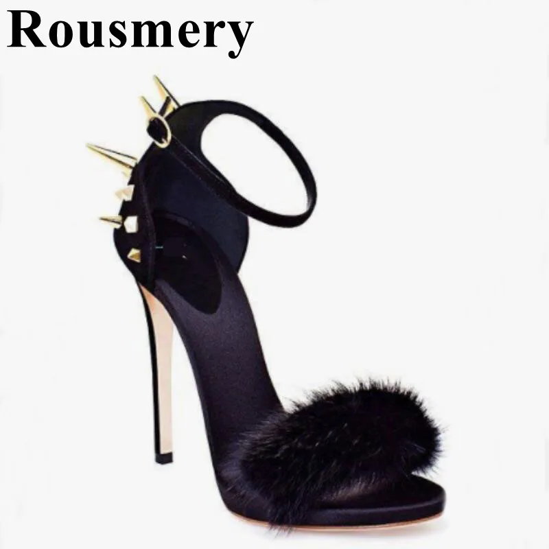 

Summer Black Fur Sexy Thin High Heel And Open Toe Cover Heel Rived Decoration Buckle Strap Fashion Women Sandals Shoes