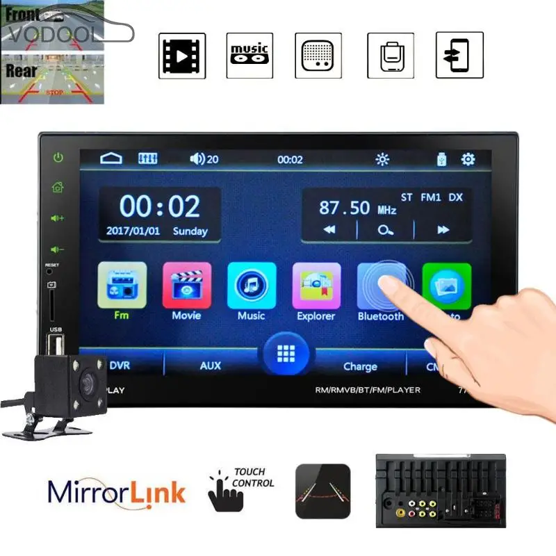 

2 Din In-dash 7" HD LCD Touch Screen Bluetooth Car Stereo MP5 FM Radio Autoradio Video AUX Audio Player with Rear View Camera