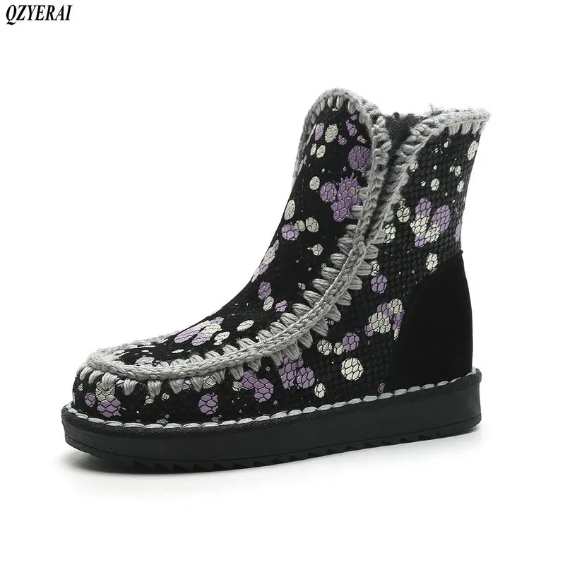 

QZYERAI 2018 New fashion winter 100% leather women boots wool snow women boots fur integrated women shoes size 35-42
