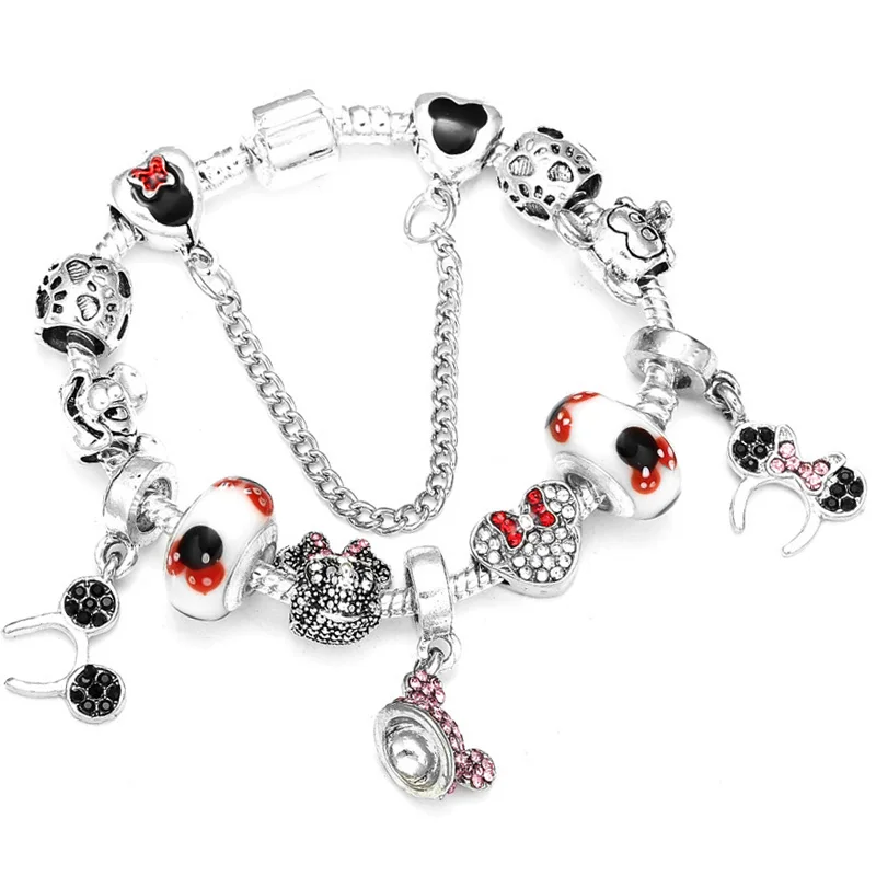 Boosbiy Dropshipping Cute Mickey Minnie Charm Bracelet For Women Kids With Silver Snake Chain Brand Bracelet Christmas Jewelry - Окраска металла: 10