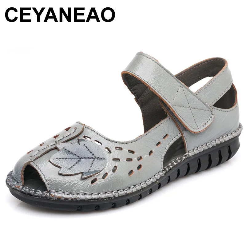 

CEYANEAO Gladiator Sandals Women 2018 Summer Flat Shoes Soft Genuine Leather Leaves Hollow Out Shallow Cover Toes Sandals Women