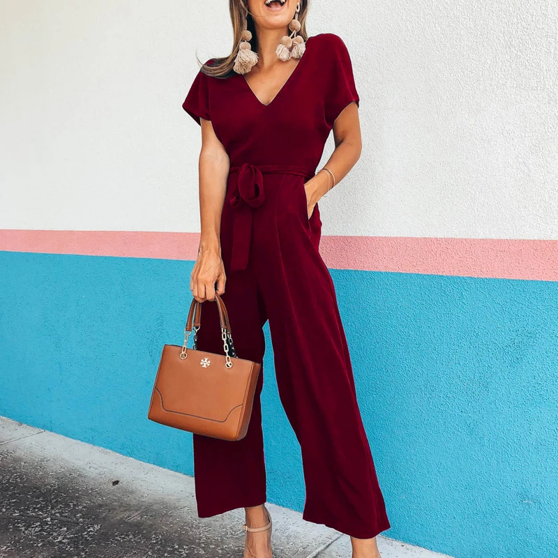 Fashion Sashes Solid Jumpsuit V Neck Sleeve Women Jumpsuits Belted Casual Torridity Overalls Drawstring Loose Female Rompers Fashion Sashes Solid Jumpsuit V Neck Sleeve Women Jumpsuits Belted Casual Torridity Overalls Drawstring Loose Female Rompers