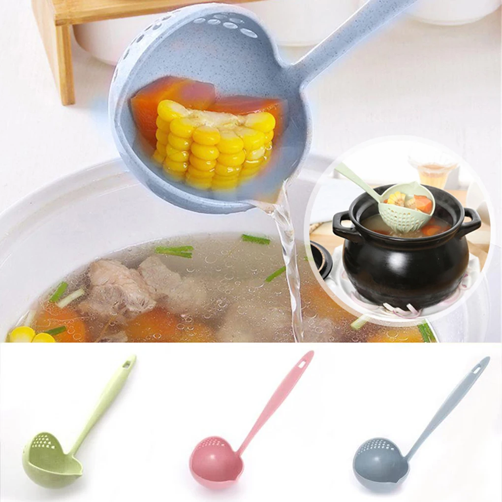 

New 2 in 1 Soup Spoon Long Handle Home Strainer Cooking Colander Kitchen Scoop Plastic Ladle Tableware