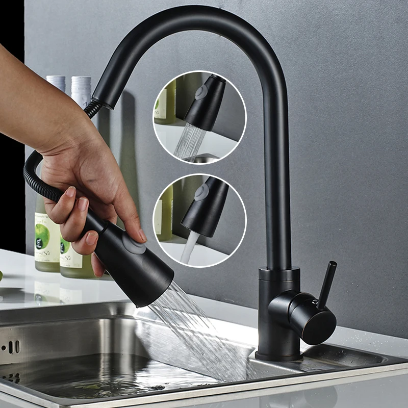

The kitchen smoke pull black swivel head all copper basins archaize sink of hot and cold water tap pull out faucet 360 degree