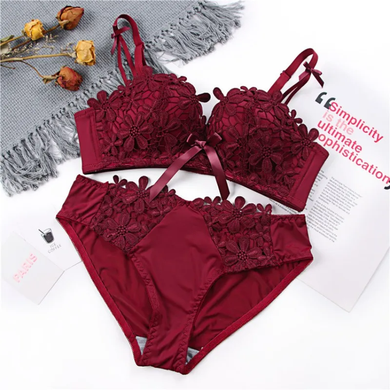  Sexy Padded Push Up Lace Bras Cotton Low Waist Lace Panties Suits Women Lace Bra Sets