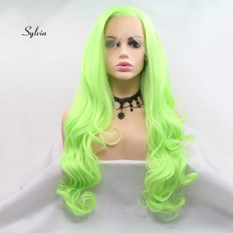 Sylvia термостойкие длинные объемные волнистые волосы флуоресцентный зеленый цвет сторона пробор Кружева Передние синтетические парики для части женские волосы