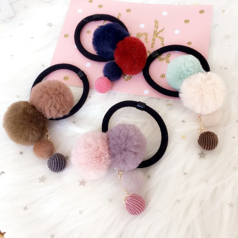 

New Fashion Girls Hair Accessories Colorful Wool Ball Elastic Hair Bands Simple Rubber Hair Rope Ring High Quality Kids Headwear