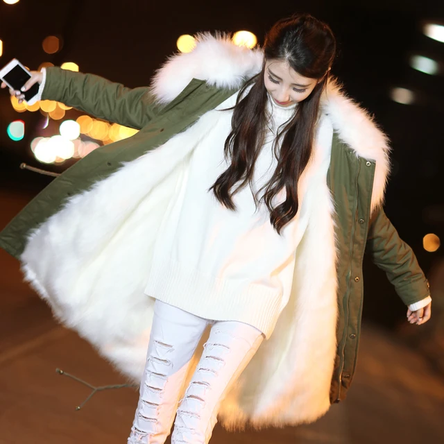 Best price at $101 Cheap New 2016 Army Green Cold Winter Coat Women Middle Long Fur Linning Coat Hooded Fur Collar Thick Warm Parkas Z525