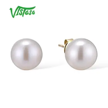 

VISTOSO Stud Earrings For Women Authentic 14K 585 Yellow Gold Elegant shining Fresh Water White Pearl Unique Trendy Fine Jewelry