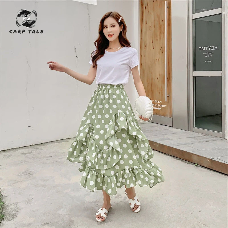 

2019 spring and summer new Korean version ins wind high waist irregular ruffled chiffon wave point skirt female long section