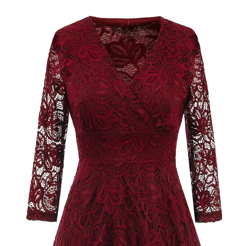 Kostlich 2017 Women Autumn Dress V-Neck 34 Sleeve Lace Hollow Sexy Evening Party Dresses Irregular Hepburn 1950s Vintage Dress (24)