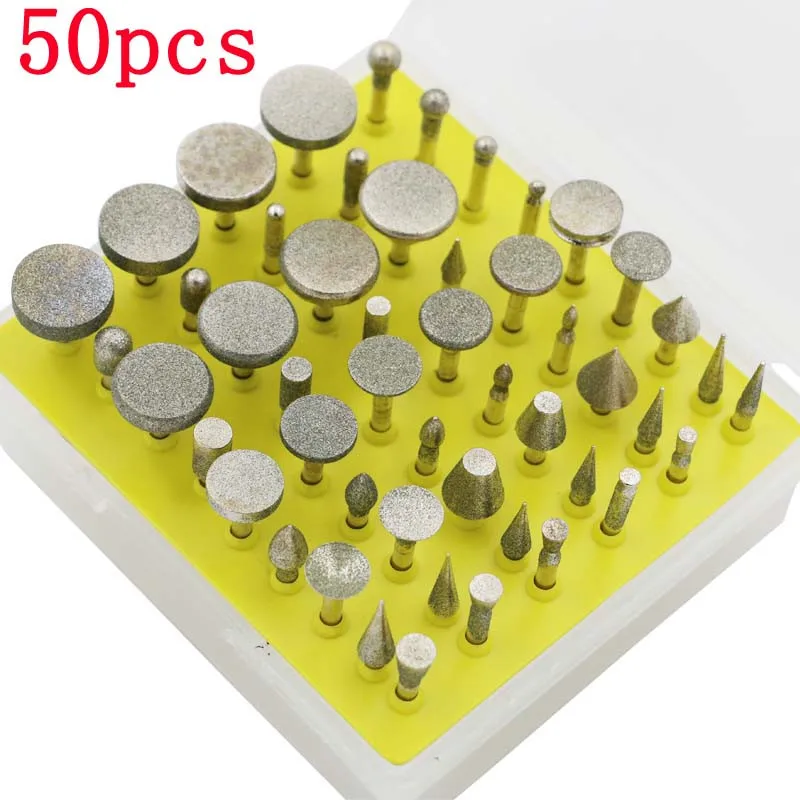 

50pcs/set Box Diamond Grinding Burrs Mounted Points Rotary Tool Engraving Etching Abrasive Tool Dremel Accessories Dental Burs