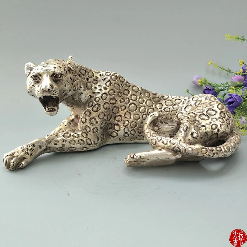Antique Old QingDynasty silver leopard statue,free shippingin Statues