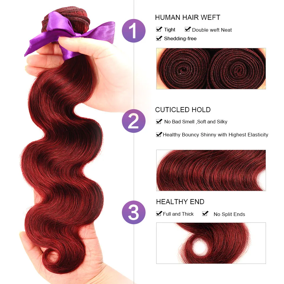 Shining Star 99J Bold Red 3 Burgundy Bundles With Closure Malaysian Body Wave Colored Human Hair Bundles With Closure Non Remy