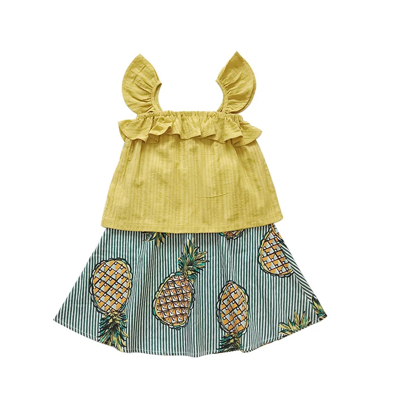 Комплект одежды для девочек; Модный укороченный топ и юбка с ананасом летний отдых пляж; комплект одежды; повседневная одежда для маленьких детей; Прямая