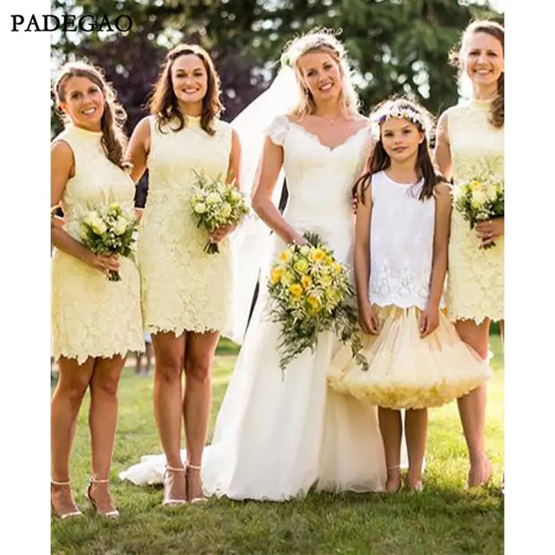 Unique Yellow High Neck Sleeveless Lace Short Bridesmaid Dresses32