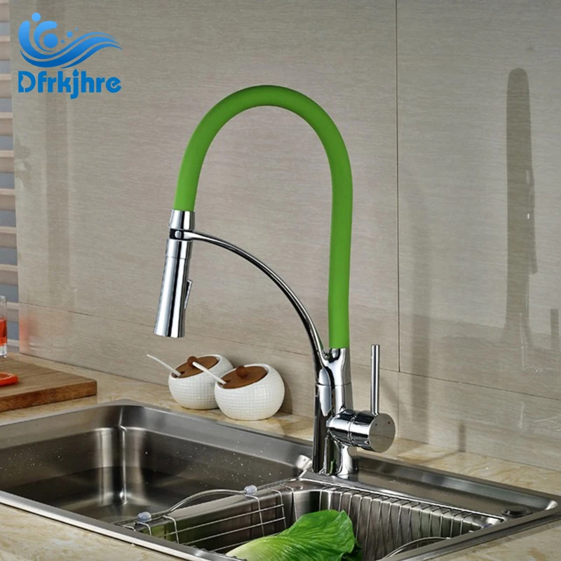 

Chrome Finished Single Handle Kitchen Faucet Swivel Spout Mixer Tap With Green Body