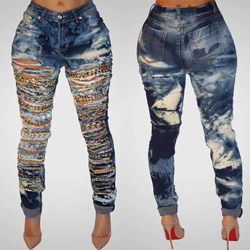 2018 New Blasting Holes High Waist Jeans Women's Pant Straps Chain Casual Stretch Skinny Jeans Femme Plus Side