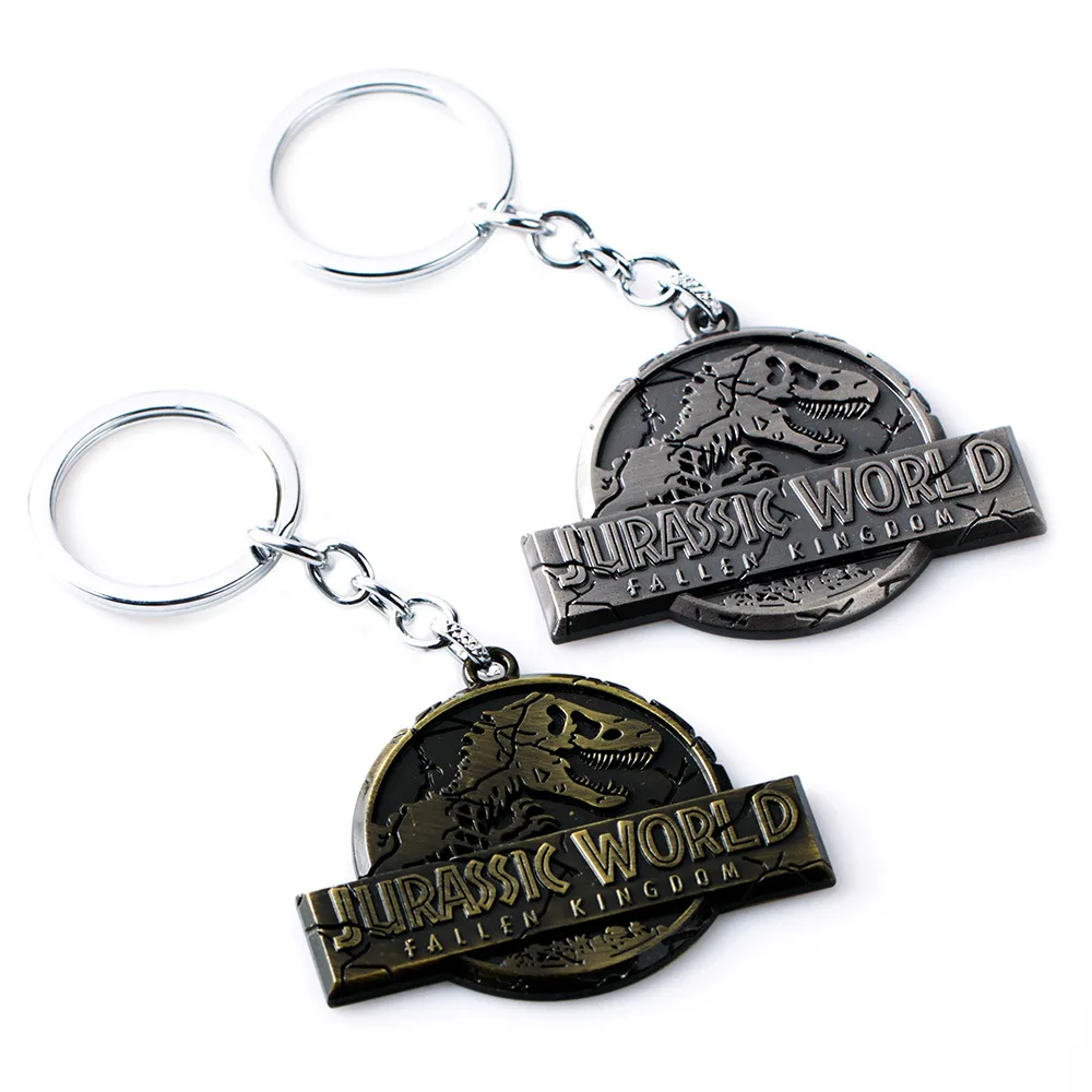 Película Jurassic Park dinosaurio llavero Logo aleación colgante llavero de bronce antiguo plata Color llavero llaveros trinket