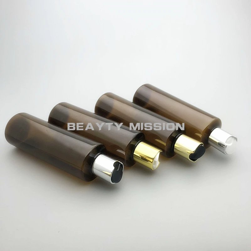 

BEAUTY MISSION 250ml 24 pcs/lot brown empty plastic shampoo PET bottle with gold/silver disc top cap, cream/essential oil bottle