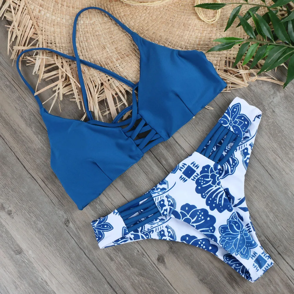 

NEW Sexy Bandage Bikini Set Swimwear 2018 Women Beachwear Print Swimsuit Bathing Suit With Padded Mini Bikinis Monokini Biquini