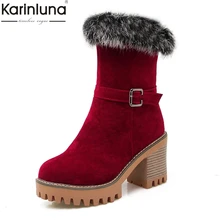 Karinluna/ г. Большие размеры 32-43,, Прямая поставка, зимняя теплая плюшевая женская обувь женские зимние ботинки на меху на высоком каблуке и платформе