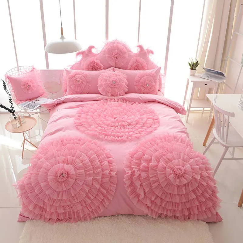 Роскошные три розовые комплекты постельного белья с цветами Стёганое одеяло, покрывало на кровать, комплект с юбкой и футболкой комплект одежды постельное белье из хлопка для свадеб, подарок 8/9 шт. американский - Цвет: 3