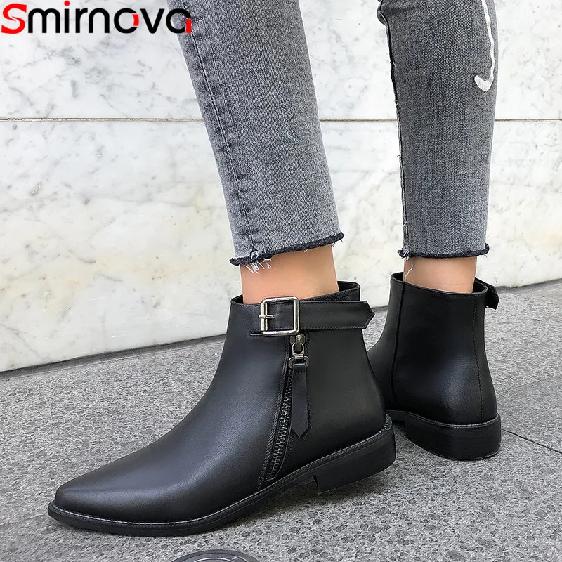 

Smirnova big size 34-42 genuine leather boots pointed toe zip low heels shoes ladies boots black buckle ankle boots for women