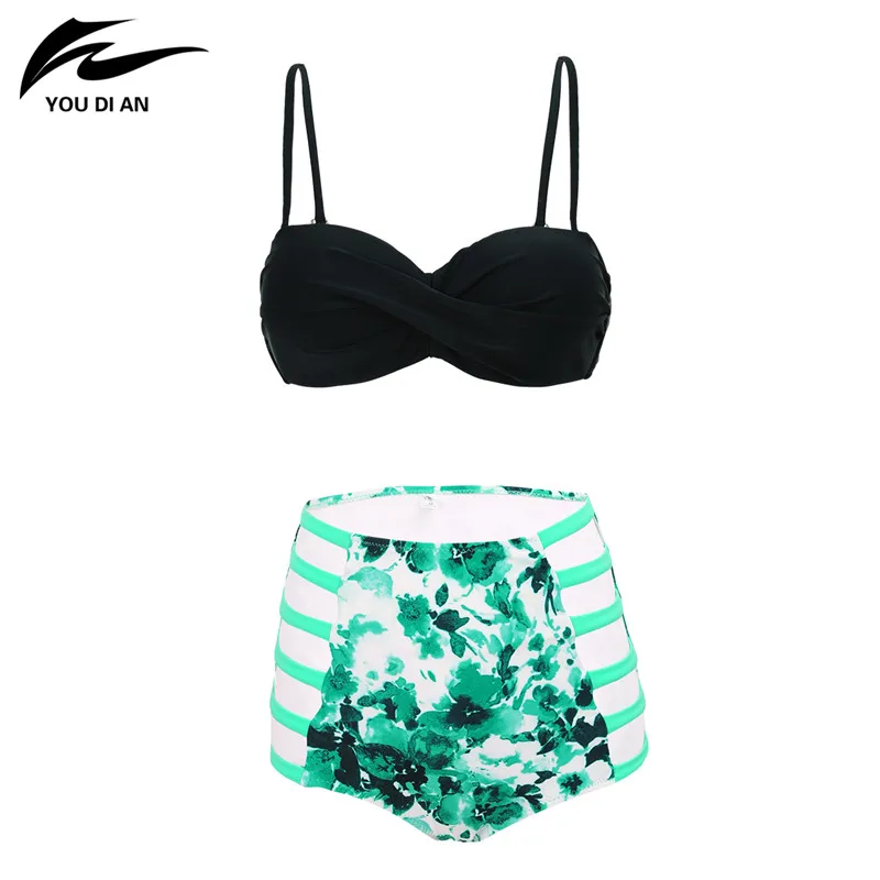 

Summer New Arrival High Waist Bikini Swimwear Women Sexy Push Up Solid Swimsuit Underwire Padded Floral Print Biquini Bandage