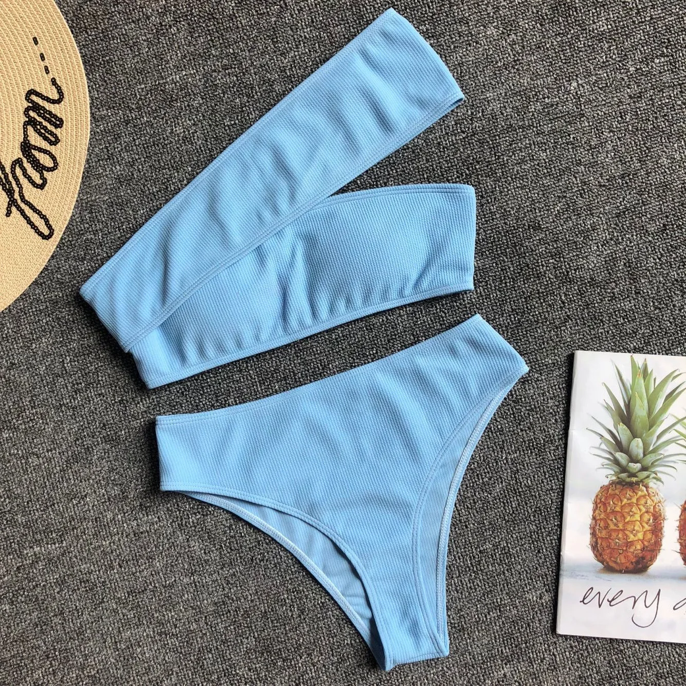 

2019 Sexy Neon Green High Waist Bikini Women Ribbed Swimsuit one shoulder Swimwear Female bikini set Brazilian Bathing Suit swim