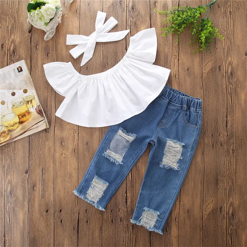 

2pcs Toddler Baby Girls Clothes Set Fashion Girl Clothing Sets Off Shoulder Top Denim Pants Jeans Outfits Set Clothes