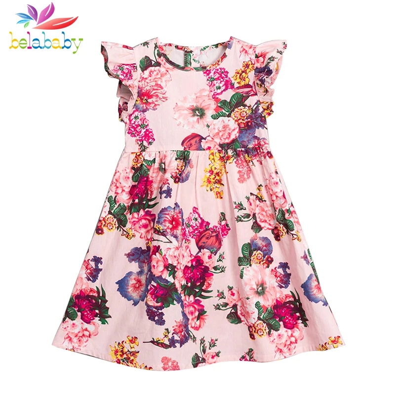 Belababy Baby Breidesmaid Girls Dresses 2018 Summer Crew Neck Flare Sleeve Print Party Princess Costume Children Clothing