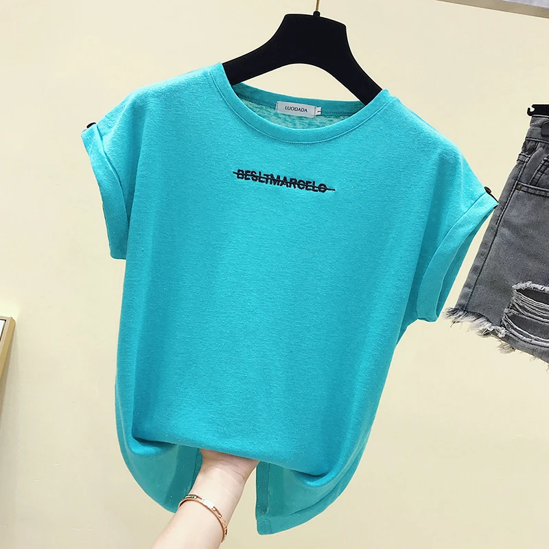 

2019 Summer New Women's T-Shirt Short Sleeve Loose Korean Casual Letter Embroidery Solid Female Tshirts O-Neck Tees Tops