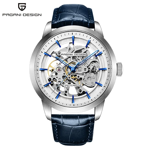 PAGANI Marque Creux кожаный Les loisirs Hommes de Montres De роскошные механические часы Montre homme Nouveau Relogio Masculino - Цвет: Blue silver