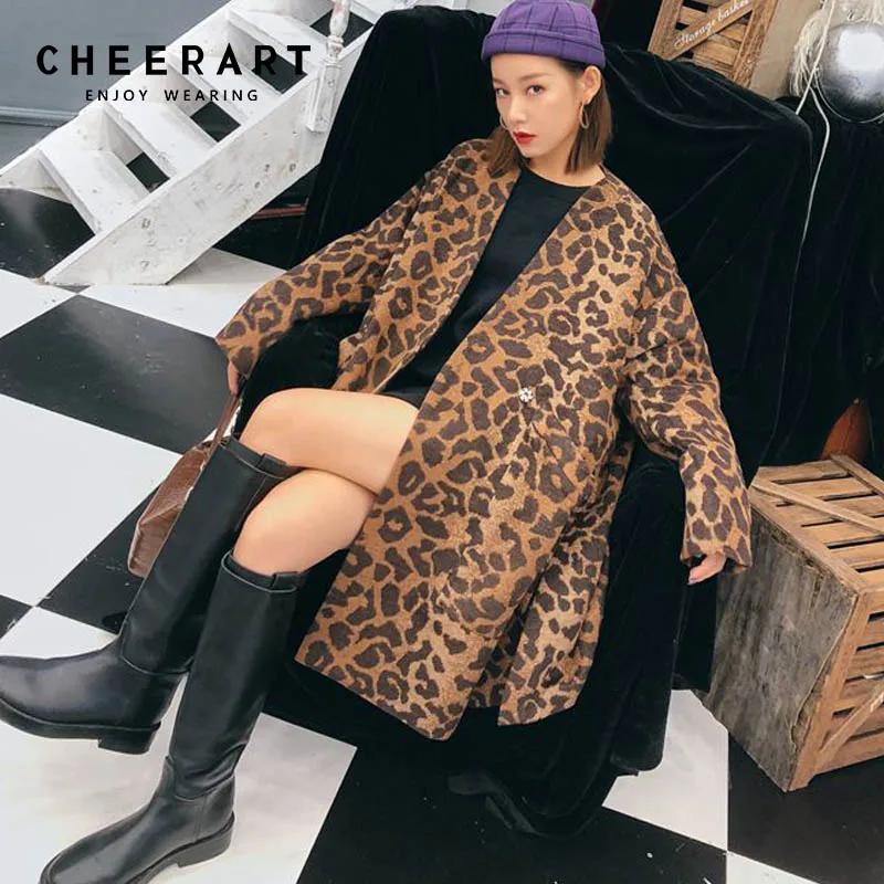 

Cheerart Leopard Wool Cloak Coat Women Long Plus Size Winter Cape Coat Tweed Overcoat Oversize Woolen Coat Wool Loose