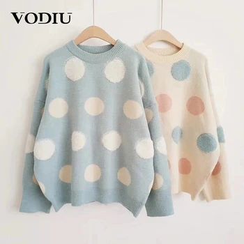 

Pullover Sweater Women Winter Autumn Dot Print Sweet Long Sleeve O-Neck Loose Jumper Knitted Winter Pullover Famale Warm Sweater