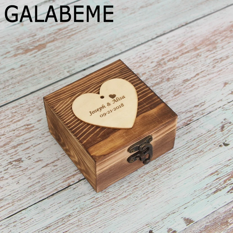 

Galabeme Custom Personalized wedding Ring Box Rustic engraved wooden box Name Date Wedding Ring Holder Pillow Ring