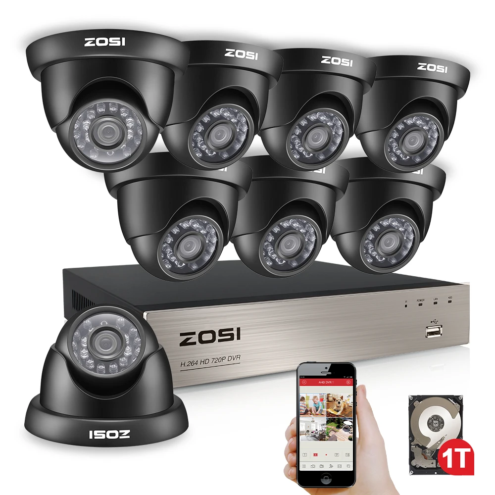 ZOSI 8CH 1080N TVI H.264+ 8CH DVR 8PCS 720P Outdoor/Indoor Dome CCTV