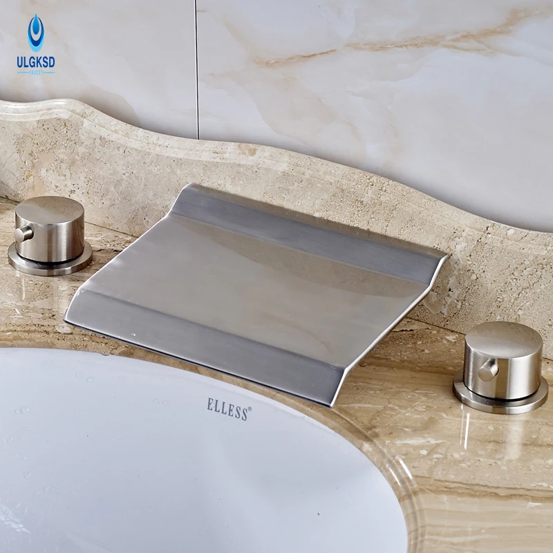 

Ulgksd LED Coloring Change Brushed Nickle Basin Sink Faucet Waterfall Bridge Shape With Mixter Water Taps Bathroom Faucet